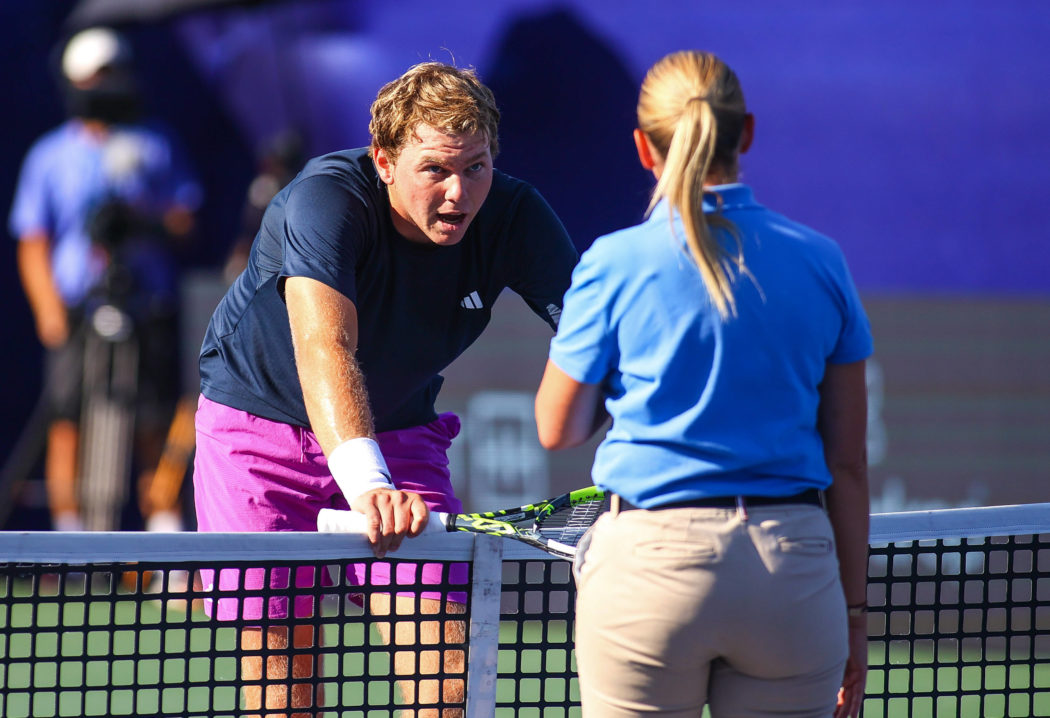 August 24, 2024: Alex Michelsen discussing situation with umpire, Auro lie Tourte after striking ball into stands hittin