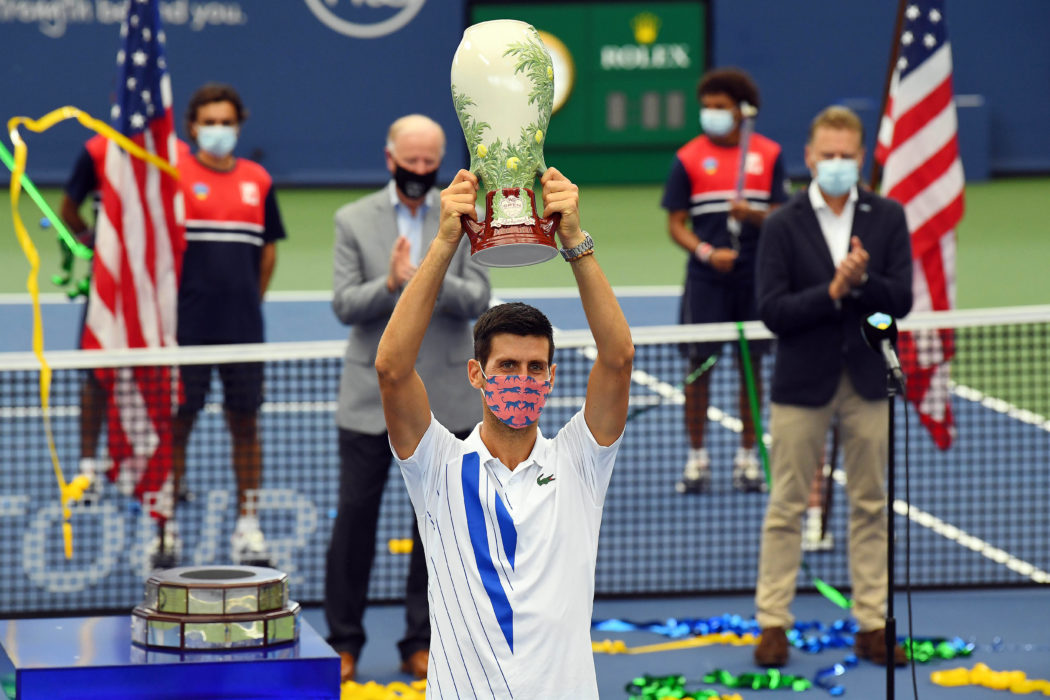 Tennis: Western & Southern Open Aug 29, 2020; Flushing Meadows, New York, USA; Mens champion Novak Djokovic (SRB) hoists