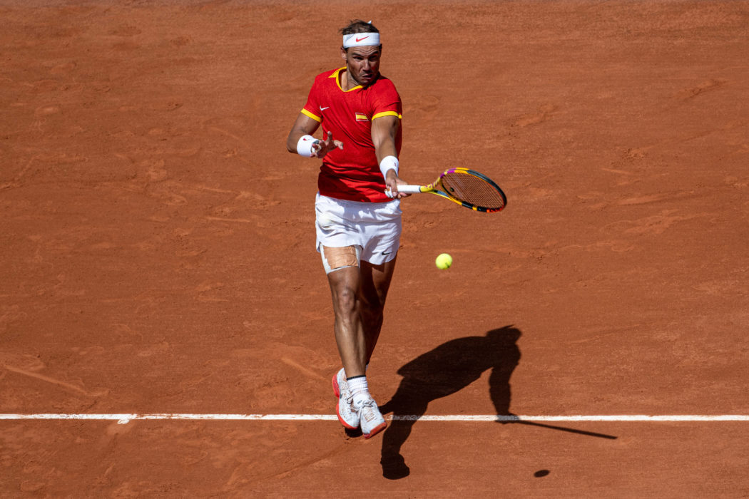 Rafael Nadal of Spain plays forehand shot during mens singles tennis match Novak Djokovic v Rafael Nadal at the XXXIII