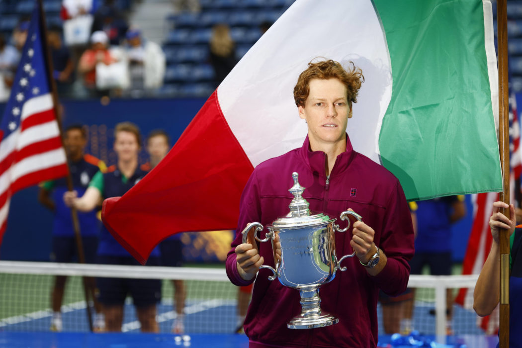 Tennis: US Open Sep 8, 2024; Flushing, NY, USA; Jannik Sinner (ITA) celebrates with the trophy after defeating Taylor Fr