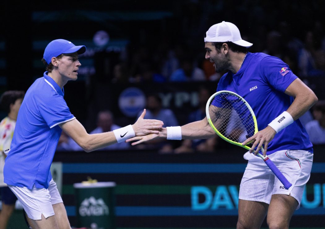 Jannik Sinner of Italy celebrates with Matteo Berrettini of Italy Davis Cup, Tennis, Palacio de Deportes Jose Maria Mart