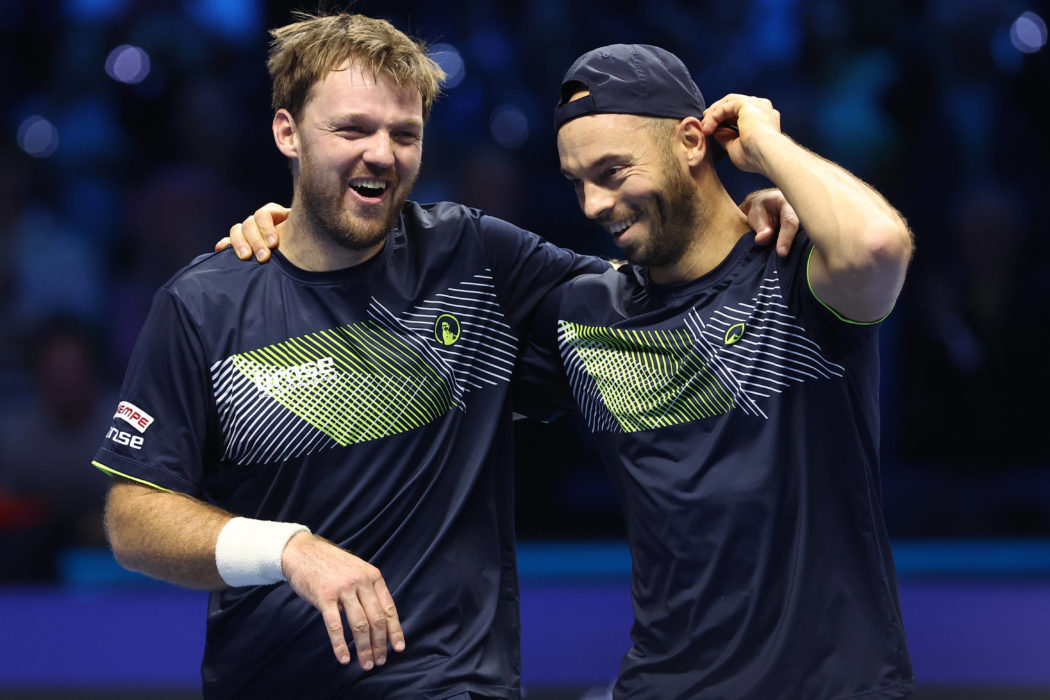 Krawietz/Puetz vs Arevalo/Pavic Kevin Krawietz of Germany (L) and Tim Puetz of Germany (R) celebrate at the end of the M