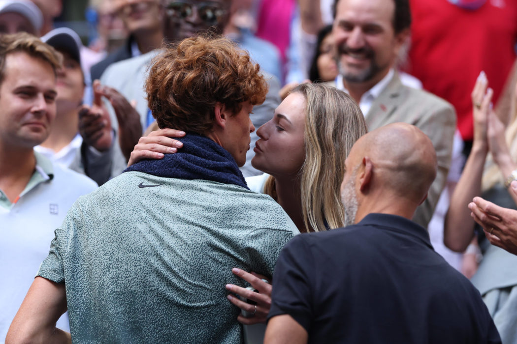 Jannik Sinner (Ita) kiss his girlfriend Anna Kalinskaya (Rus) after winning the championship final at the US Open 2024 a