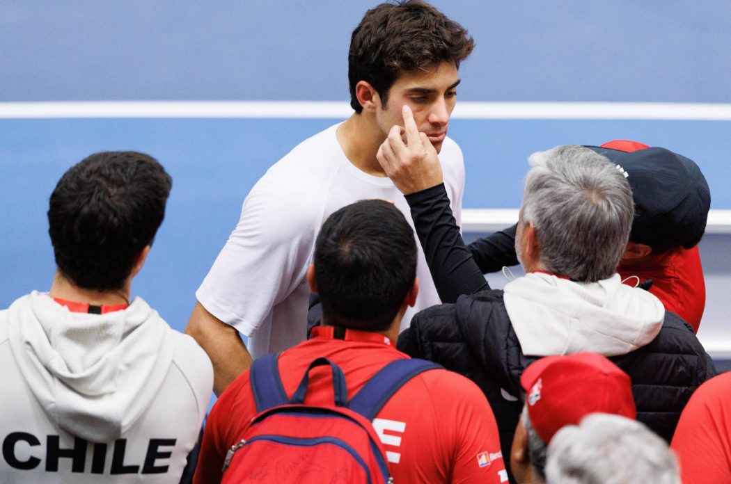 Chilean Cristian Garin pictured during a game between Belgian Bergs and Chilean Garin, the fourth match in the Davis Cup