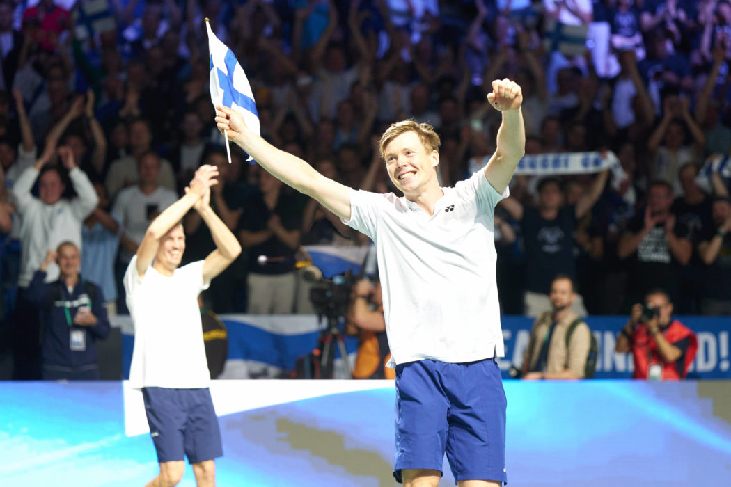 Harri Heliövaara of Finland and Captain Jarkko Nieminen of Finland celebrates the win over Canada after the Davis Cup Fi