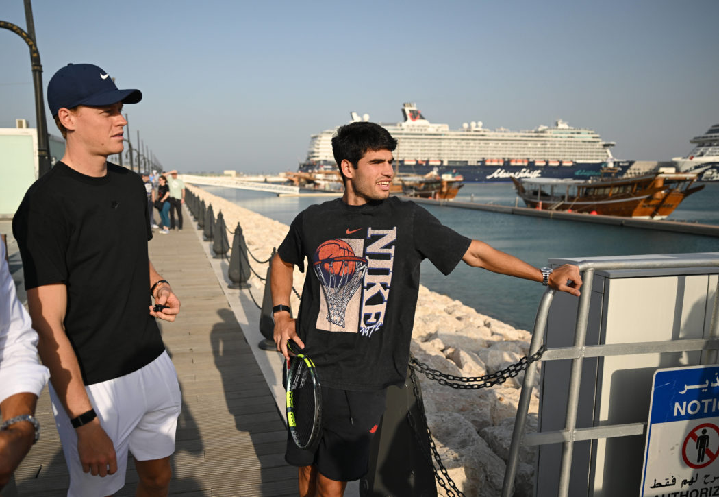 Qatar ExxonMobil Open 2026 Photo Stunt Dhow Fishing Carlos Alcaraz (ESP) , Jannik Sinner (ITA) , Daniil Medvedev (RUS) ,