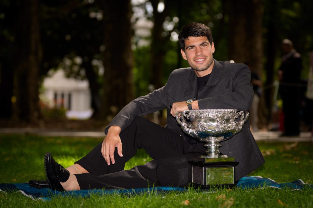 February 2, 2026: 1st seed CARLOS ALCARAZ of Spain poses with the The Norman Brookes Challenge Cup at a photocall at the