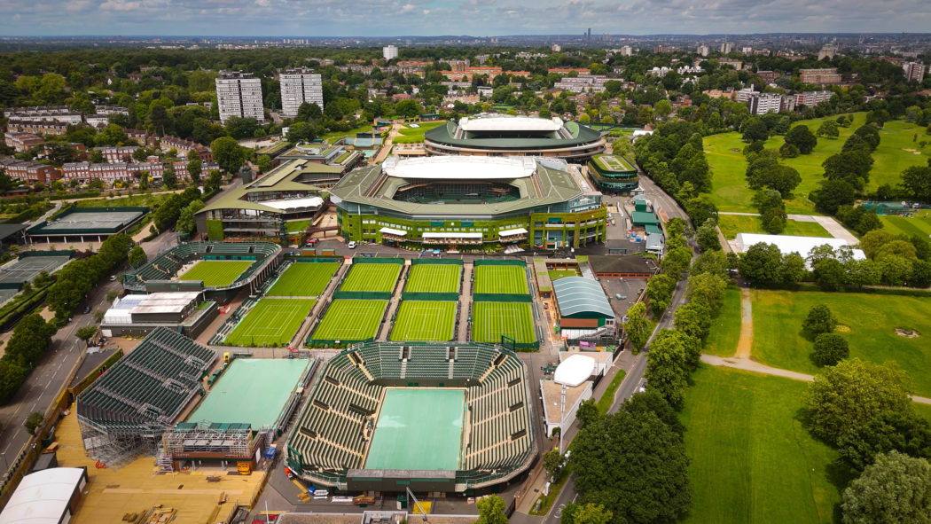 Wimbledon – Flight over the famous Tennis courts – aerial view over the Tennis courts – LONDON, UNITED KINGDOM – MAY 27,