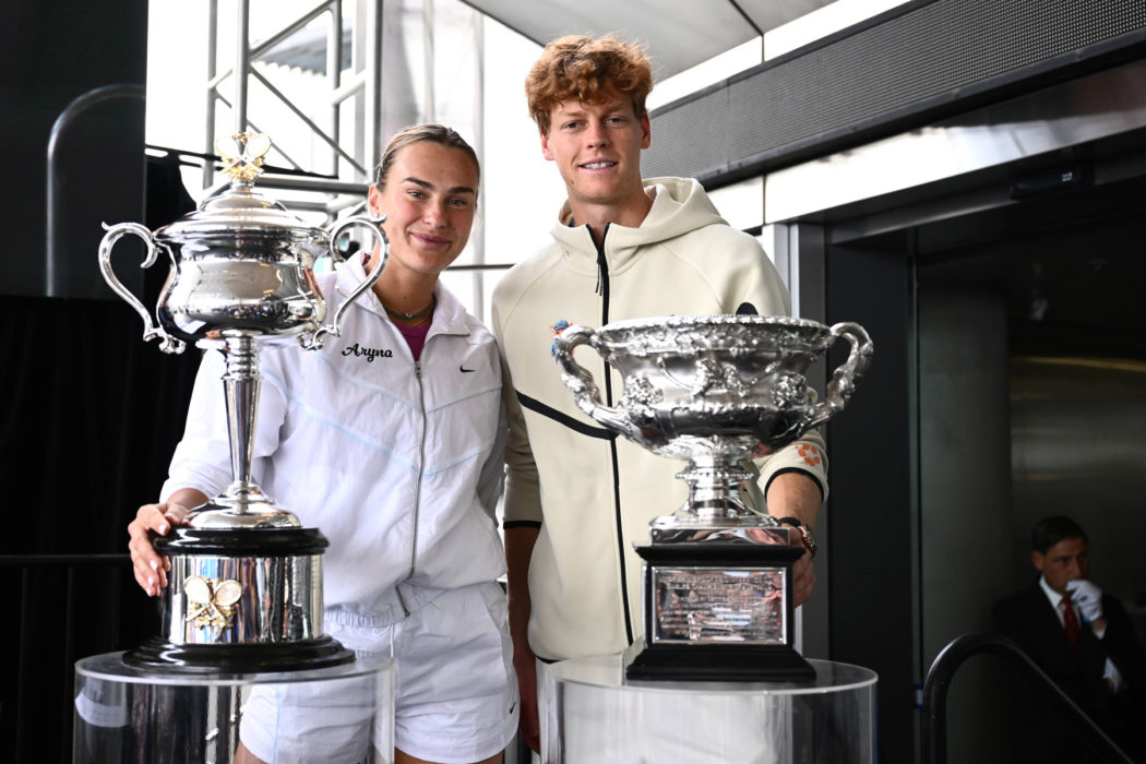 TENNIS AUSTRALIAN OPEN DRAW, Aryna Sabalenka of Belarus (left) poses for a photo with the Daphne Akhurst Memorial Cup an
